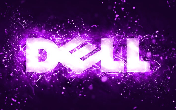 Dellin violetti logo, 4k, violetit neonvalot, luova, violetti abstrakti tausta, Dell-logo, tuotemerkit, Dell