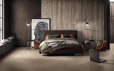modern bedroom interior design, stylish interior, bedroom, loft style, painting with a large fingerprint, concrete floor in the bedroom
