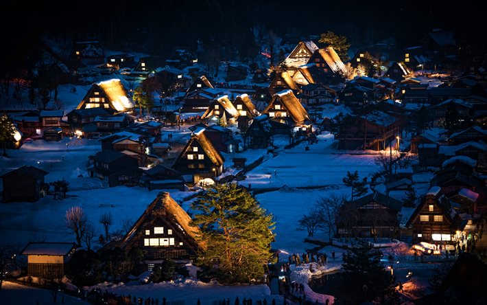 Shirakawa-go, 4k, kış, k&#246;y, kar yığınları, Shirakawa, Gifu, Japonya, gece manzaraları, Shirakawa-mura, Shirakawago