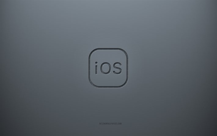 iOS-logotyp, gr&#229; kreativ bakgrund, iOS-emblem, gr&#229; pappersstruktur, iOS, gr&#229; bakgrund, iOS 3d-logotyp