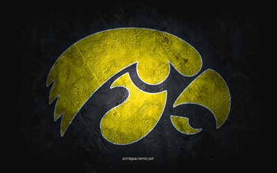 Iowa Hawkeyes, time de futebol americano, fundo preto, logotipo do Iowa Hawkeyes, arte do grunge, NCAA, futebol americano, EUA, emblema do Iowa Hawkeyes