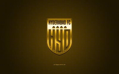 ハイデラバードFC, インドのサッカークラブ, 黄色のロゴ, 黄色の炭素繊維の背景, インドスーパーリーグ, フットボール。, ハイデラバード, インド, ハイデラバードFCのロゴ