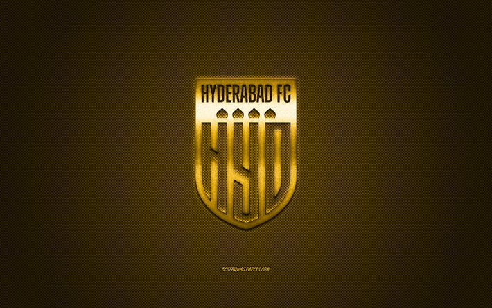 Hyderabad FC, squadra di calcio indiana, logo giallo, sfondo giallo in fibra di carbonio, Super League indiana, calcio, Hyderabad, India, logo Hyderabad FC