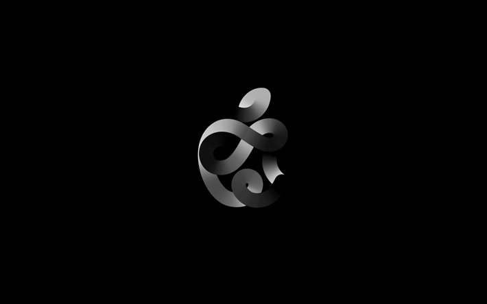 Apple-valkoinen logo, 4k, minimalismi, musta tausta, Applen abstrakti logo, Apple 3D-logo, luova, Apple
