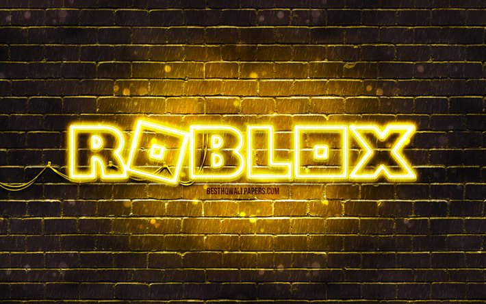 Logotipo amarelo Roblox, 4k, parede de tijolos amarela, logotipo Roblox, jogos online, logotipo n&#233;on Roblox, Roblox