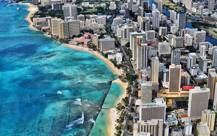 Honolulu, vista dall&#39;alto, spiaggia, Oceano Pacifico, veduta aerea di Honolulu, paesaggio urbano di Honolulu, Hawaii, Stati Uniti d&#39;America