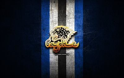 barys nur-sultan, goldenes logo, khl, blauer metallhintergrund, kazah-hockey-team, kontinental hockey league, barys nur-sultan-logo, hockey, hc barys, barys astana