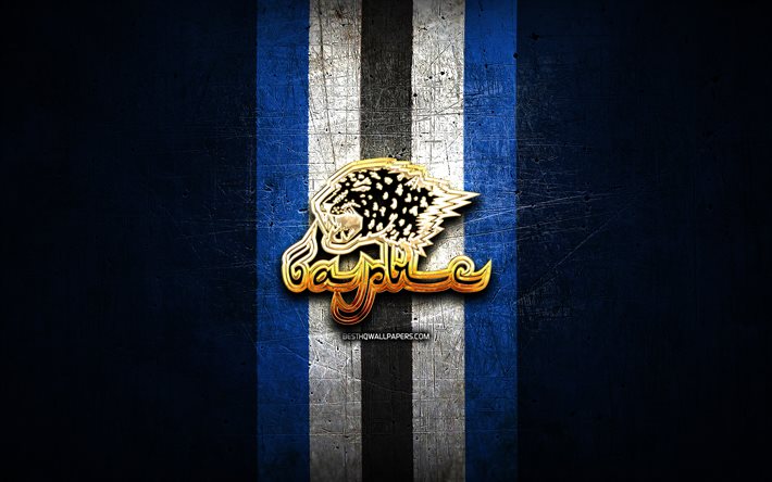 Barys Nur-Sultan, golden logo, KHL, blue metal background, kazah hockey team, Kontinental Hockey League, Barys Nur-Sultan logo, hockey, HC Barys, Barys Astana