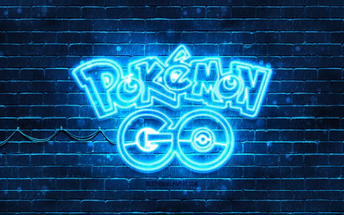 Pokemon Go blue emblem, 4k, blue brickwall, Pokemon Go emblem, spelm&#228;rken, Pokemon Go neon emblem, Pokemon Go