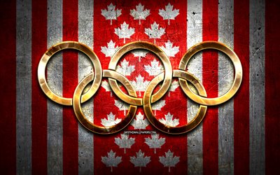 &#201;quipe olympique canadienne, anneaux olympiques d&#39;or, Canada aux Jeux olympiques, cr&#233;atif, drapeau canadien, fond m&#233;tallique, &#233;quipe olympique canadienne, drapeau du Canada