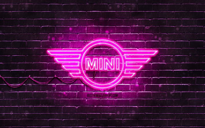 ミニパープルのロゴ, 4k, 紫のレンガの壁, ミニロゴ, 車のブランド, ミニネオンロゴ, Mini