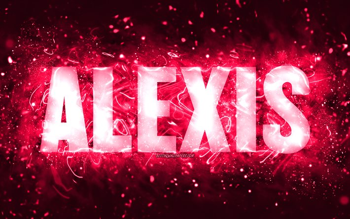 Happy Birthday Alexis, 4k, pink neon lights, Alexis name, creative, Alexis Happy Birthday, Alexis Birthday, popular american female names, picture with Alexis name, Alexis