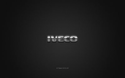 Iveco-logo, hopeanv&#228;rinen logo, harmaa hiilikuitutausta, Iveco-metallimerkki, Iveco, automerkit, luovaa taidetta