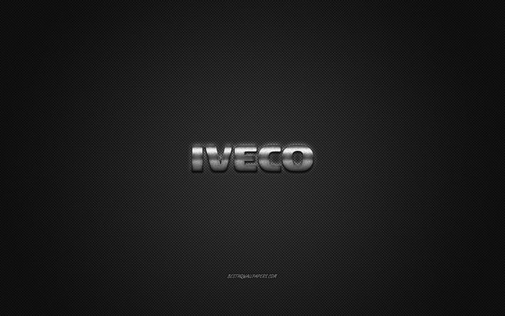 Iveco-logo, hopeanv&#228;rinen logo, harmaa hiilikuitutausta, Iveco-metallimerkki, Iveco, automerkit, luovaa taidetta