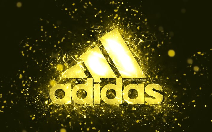 Adidas yellow logo, 4k, yellow neon lights, creative, yellow abstract background, Adidas logo, brands, Adidas