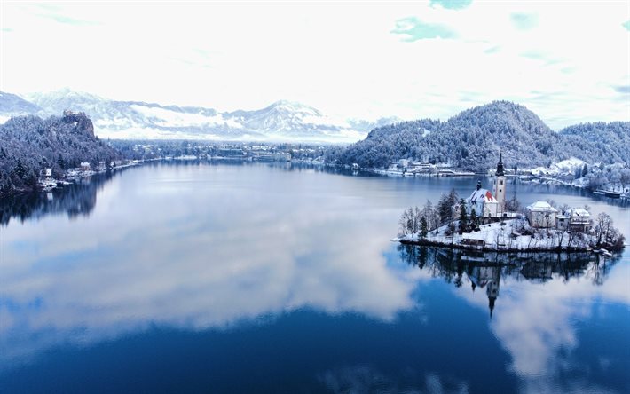 4k, lac de Bled, hiver, belle nature, Alpes Juliennes, Carniolan, Slov&#233;nie, Europe
