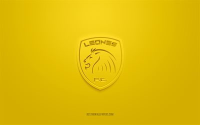 Leones FC, creative 3D logo, yellow background, 3d emblem, Colombian football club, Categoria Primera A, Itagui, Colombia, 3d art, football, Leones FC 3d logo