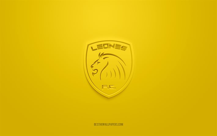 Leones FC, creative 3D logo, yellow background, 3d emblem, Colombian football club, Categoria Primera A, Itagui, Colombia, 3d art, football, Leones FC 3d logo