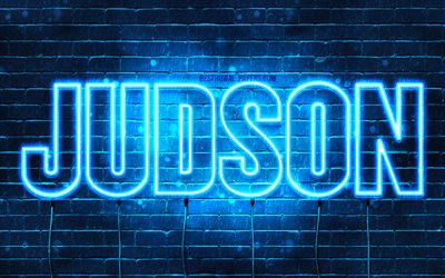 Judson, 4k, sfondi per il desktop con i nomi, il testo orizzontale, Judson nome, Felice Compleanno Judson, neon blu, immagine con nome Judson