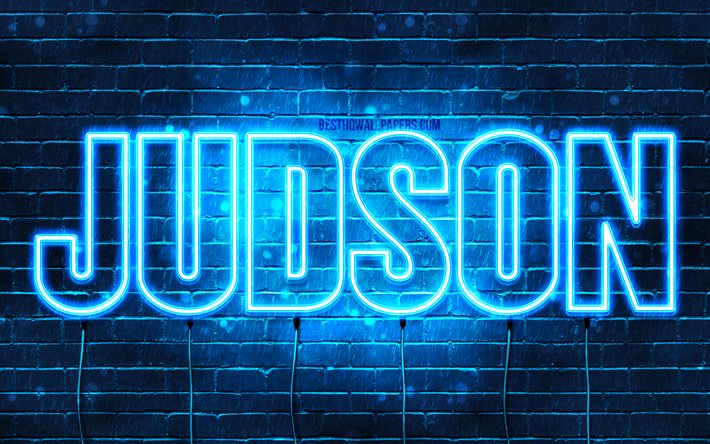Judson, 4k, fondos de pantalla con los nombres, el texto horizontal, Judson nombre, Feliz Cumplea&#241;os Judson, luces azules de ne&#243;n, imagen con Judson nombre
