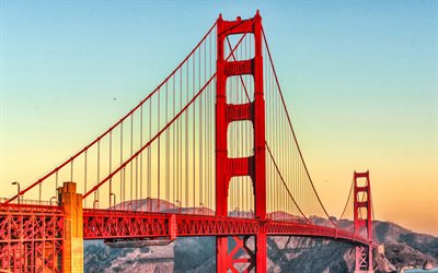 Golden Gate Bridge, evening, sunset, suspension bridge, San Francisco Bay, landmark, red bridge, San Francisco, California, USA