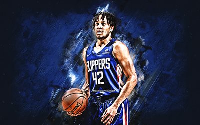 Amir Coffey, NBA, Los Angeles Clippers, blue stone background, American Basketball Player, portrait, USA, basketball, Los Angeles Clippers players