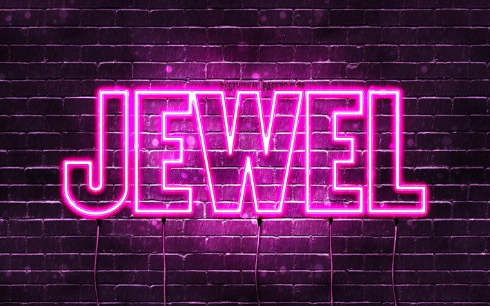Jewel, 4k, tapeter med namn, kvinnliga namn, Jewel namn, lila neon lights, Grattis P&#229; F&#246;delsedagen Juvel, bild med Jewel namn