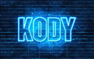 Koder, 4k, tapeter med namn, &#246;vergripande text, Kody namn, Grattis P&#229; F&#246;delsedagen Kody, bl&#229;tt neonljus, bild med Kody namn