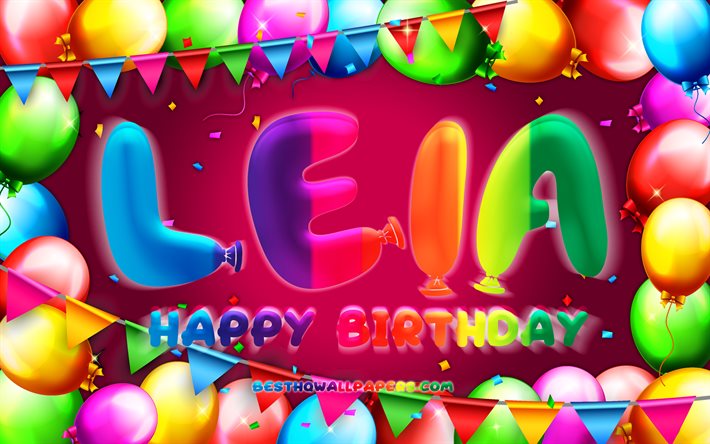 Happy Birthday Leia, 4k, colorful balloon frame, Leia name, purple background, Leia Happy Birthday, Leia Birthday, popular swedish female names, Birthday concept, Leia