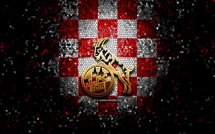 FC K&#246;ln, glitter logo, Bundesliga, kırmızı beyaz damalı arka plan, futbol, Alman Futbol Kul&#252;b&#252; FC K&#246;ln logo, mozaik sanatı, Almanya