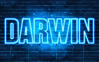 Darwin, 4k, taustakuvia nimet, vaakasuuntainen teksti, Darwin nimi, Hyv&#228;&#228; Syntym&#228;p&#228;iv&#228;&#228; Darwin, blue neon valot, kuva, jossa nimi Darwin