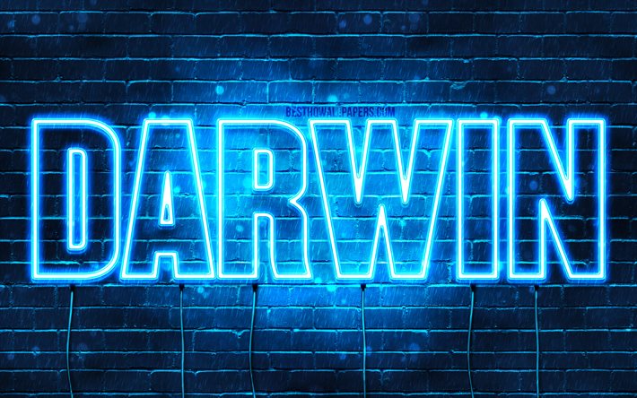Darwin, 4k, fondos de pantalla con los nombres, el texto horizontal, Darwin nombre, Feliz Cumplea&#241;os Darwin, luces azules de ne&#243;n, de la imagen con el nombre de Darwin