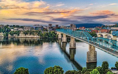 Chattanooga, Walnut Street Bridge, Tennessee River, evening, sunset, cityscape, downtown, North Chattanooga, Tennessee, Chattanooga skyline, USA, Market Street Bridge
