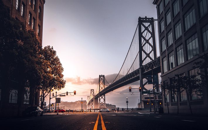Golden Gate-Bron, road, San Francisco, street, amerikanska st&#228;der, Kalifornien, Staden San Francisco, sunset, USA, broar, St&#228;derna i Kalifornien, Amerika, San Francisco i kv&#228;ll