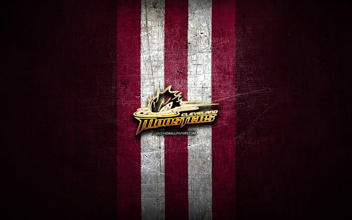 cleveland-monster, golden logo, ahl, lila-metallic hintergrund, amerikanische eishockey-team, american hockey league, cleveland-monster-logo, hockey, usa