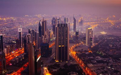 Dubai, evening, sunset, cityscape, skyscrapers, modern buildings, UAE, Dubai skyline