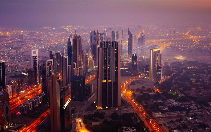 Dubai, evening, sunset, cityscape, skyscrapers, modern buildings, UAE, Dubai skyline