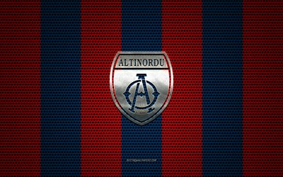 Altinordu FK logo, Turkish football club, metal emblem, red-blue metal mesh background, TFF 1 Lig, Altinordu FK, TFF First League, Izmir, Turkey, football
