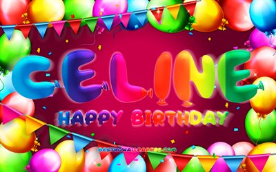 Happy Birthday Celine, 4k, colorful balloon frame, Celine name, purple background, Celine Happy Birthday, Celine Birthday, popular swedish female names, Birthday concept, Celine