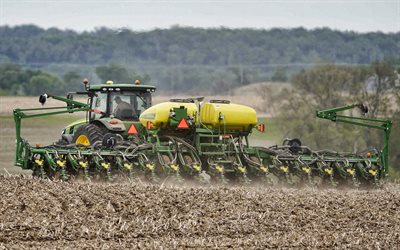 John Deere 8300, fertilizer, modern tractor, agricultural machinery, harvesting, field, tractor, John Deere