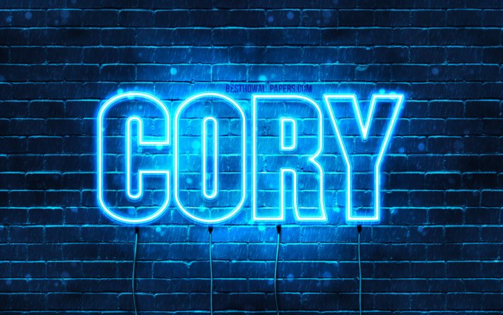 Cory, 4k, fondos de pantalla con los nombres, el texto horizontal, Cory nombre, Feliz Cumplea&#241;os Cory, luces azules de ne&#243;n, de la imagen con el nombre de Cory