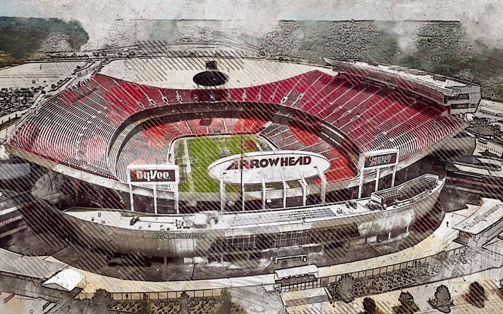 Arrowhead Stadium, grunge art, Kansas City Chiefs, creative art, maalattu Arrowhead Stadium, piirustus, Kansas City, Missouri, Arrowhead Stadium abstraktio, digitaalista taidetta, Kansas City Chiefs-Stadion, NFL