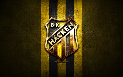 Hacken FC, golden logo, Allsvenskan, yellow metal background, football, BK Hacken, swedish football club, Hacken logo, soccer, Sweden