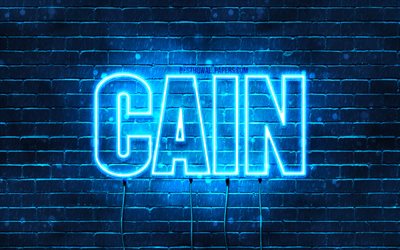 Cain, 4k, wallpapers with names, horizontal text, Cain name, Happy Birthday Cain, blue neon lights, picture with Cain name