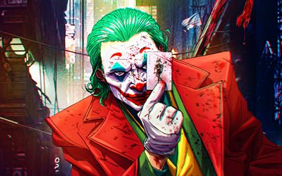 Joker m&#225;scara, 4k, jogo de cartas, supervil&#227;o, desenhado Coringa, f&#227; de arte, criativo, Joker 4K, obras de arte, P&#244;quer de brincalh&#227;o
