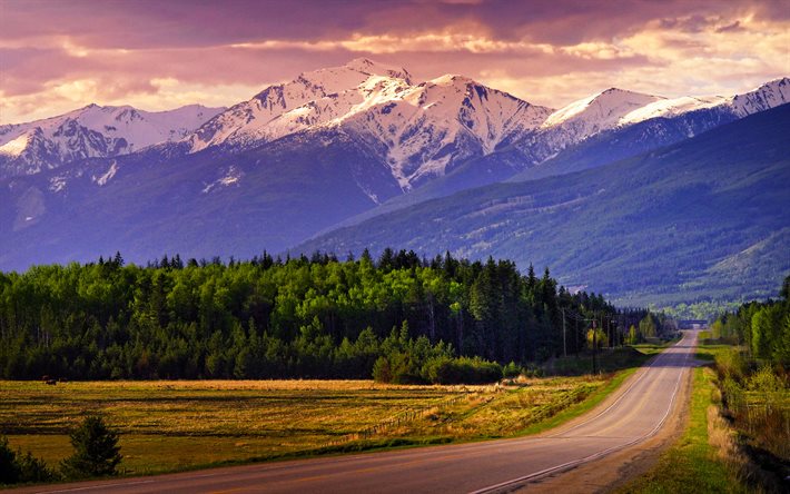 Jasper National Park, sunset, tie, kes&#228;ll&#228;, vuoret, Kanada, kaunis luonto, Pohjois-Amerikassa, kanadan luonto
