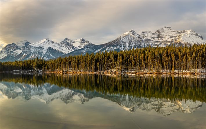 Herbert Lake, Rocky Mountains, evening, sunset, mountain landscape, forest, mountains, Banff National Park, Alberta, Canada