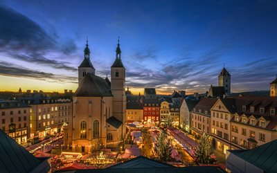Regensburg, Neupfarrplatz, evening, sunset, church, square, Regensburg cityscape, Bavaria, Germany