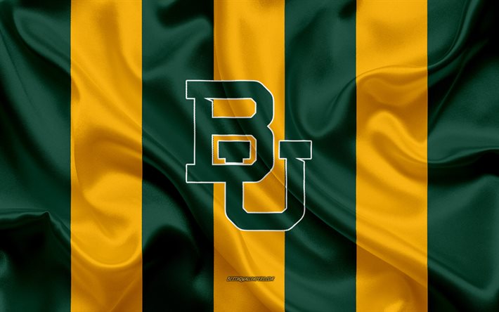 Baylor Yleisurheilu, Amerikkalainen jalkapallo joukkue, tunnus, silkki lippu, vihre&#228; keltainen silkki tekstuuri, NCAA, Baylor Yleisurheilu logo, Waco, Texas, USA, Amerikkalainen jalkapallo
