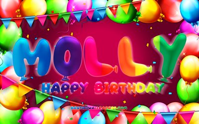 Happy Birthday Molly, 4k, colorful balloon frame, Molly name, purple background, Molly Happy Birthday, Molly Birthday, popular swedish female names, Birthday concept, Molly